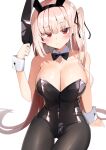  1girl absurdres animal_ear_hairband animal_ears black_leotard black_pantyhose blonde_hair bow bowtie breasts cleavage detached_collar fake_animal_ears hairband highres large_breasts leotard long_hair nodoameyatou one_side_up original pantyhose playboy_bunny rabbit_ears red_eyes simple_background sitting solo strapless strapless_leotard thigh_gap white_background wrist_cuffs 