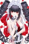  1girl arm_ribbon azaka_(rionrita) bare_shoulders black_hair black_leotard black_nails blunt_bangs blush breasts card celestia_ludenberg collar commentary_request covered_mouth danganronpa:_trigger_happy_havoc danganronpa_(series) detached_collar drill_hair eyelashes flower frilled_leotard frills highres holding holding_card joker_(playing_card) leotard long_hair looking_at_viewer maid_headdress monokuma nail_polish necktie official_alternate_costume pale_skin playboy_bunny playing_card red_eyes red_flower red_necktie red_petals ribbon sidelocks solo twin_drills twintails white_background white_collar white_headdress white_ribbon white_wrist_cuffs wrist_cuffs 