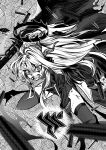  1girl absurdres ahoge blood blood_on_face blue_archive clenched_teeth coat coat_on_shoulders commentary cross fighting_stance forehead fur-trimmed_coat fur_trim gehenna_academy_logo greyscale gun hair_ribbon hakai_(fgzr2275) halo highres hina_(blue_archive) injury iron_cross long_hair long_sleeves looking_at_viewer machine_gun mg42 military_uniform monochrome nosebleed open_clothes open_coat parted_bangs pencil_skirt ribbon shell_casing side_slit sidelocks skirt solo teeth thighhighs v-shaped_eyebrows wavy_hair weapon zettai_ryouiki 