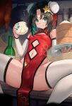  1boy absurdres black_hair breasts china_dress chinese_clothes closed_mouth clothing_cutout dress food hakusyokuto highres holding holding_food looking_at_viewer male_focus male_with_breasts navel navel_cutout original short_hair small_breasts spread_legs steamed_bun thighhighs trap white_thighhighs 