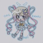  1girl :d blonde_hair blue_eyes blue_hair blue_outline blue_serafuku bow chest_bow chibi chibi_only chouzetsusaikawa_tenshi-chan clenched_hand colored_tips drawn_wings full_body grey_background hair_bow hand_up highres looking_at_viewer multicolored_hair multiple_hair_bows needy_girl_overdose outline outstretched_arms pink_hair platform_shoes quad_tails reno_(re_leno) school_uniform serafuku smile 