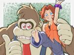 2025 5_fingers 5_toes anthro ape barefoot biped blue_bottomwear blue_clothing blue_eyes blue_pants border bottomwear cel_shading clothing conjoined_eyes dialogue digital_drawing_(artwork) digital_media_(artwork) donkey_kong_(character) donkey_kong_(series) dress duo feet female fingers gesture gorilla hair hand_gesture haplorhine hi_res human long_hair looking_at_viewer male mammal mario_bros mayor_pauline necktie nintendo open_mouth open_smile orange_clothing orange_dress pants primate procreate_(artwork) red_eyes red_hair red_necktie shaded simple_background smile smiling_at_viewer speech_bubble superstaryoshi6 text thumbs_up toes wallpaper white_border