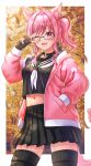  1girl :3 absurdres ahoge animal_ear_fluff animal_ears autumn_leaves black-framed_eyewear black_choker black_sailor_collar black_serafuku black_shirt black_skirt black_thighhighs blush border breasts cat_ears cat_girl cat_tail choker commentary_request contrapposto cowboy_shot crop_top crop_top_overhang falling_leaves fang final_fantasy final_fantasy_xiv fingerless_gloves glasses gloves hand_in_pocket hand_up highres hood hooded_jacket jacket large_breasts leaf long_sleeves looking_at_viewer midriff miniskirt miqo&#039;te multicolored_hair navel neckerchief o-ring o-ring_choker oc_x_canon one_eye_closed open_clothes open_jacket open_mouth original outdoors outside_border pink_hair pink_jacket pink_tail pleated_skirt pocket ponytail_with_braided_base puffy_long_sleeves puffy_sleeves red_hair ribbed_thighhighs sailor_collar school_uniform serafuku shirt side_ponytail skirt smile solo sparkle standing streaked_hair tail thighhighs v v_over_eye wajuniorbox warrior_of_light_(ff14) white_border white_neckerchief zettai_ryouiki 