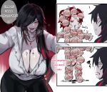  1boy 1girl absurdres black_hair black_pants blood blood_from_mouth blood_on_breasts breasts bulge cleavage commentary english_text fangs frown garlic hair_over_one_eye half-closed_eyes heart heart_(home_sweet_home) heart_print heavy_breathing highres home_sweet_home_(game) huge_breasts jewelry k_(kuayrenaiz) kurenaiz_(kuayrenaiz) long_sleeves male_underwear multicolored_hair necklace pale_skin pants red_eyes red_hair red_lips shirt speech_bubble streaked_hair symbol-only_commentary two-tone_hair underwear vampire white_male_underwear white_shirt 