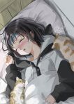  1girl animal bed_sheet black_cardigan black_hair blush cardigan cat clenched_hand closed_eyes commentary_request fever film_grain from_above hand_on_own_stomach hand_up headband headboard highres hood hooded_cardigan indoors lying multicolored_cardigan nose_blush on_back original parted_lips pet pillow shirt short_hair signature sleeping solo soragane_(banisinngurei) sweatdrop t-shirt under_covers upper_body white_cardigan white_shirt 