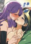  3girls black_hair black_sleeves blue_eyes blue_gemstone blush breast_press breasts choker circlet cleavage commentary_request curly_hair dragon_quest dragon_quest_iii french_kiss gem gold_choker gold_circlet half-closed_eyes hat heart heroine_(dq3) highres holding_another&#039;s_wrist kiss large_breasts long_hair medium_hair mitre multiple_girls muramasa_mikado nipples open_mouth priest_(dq3) profile purple_hair roto_(dq3) saliva saliva_drip surprised sweatdrop tabard tongue topless_female upper_body warrior warrior_(dq3) yuri 