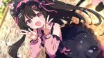  1girl :d absurdres animal_ear_fluff animal_ears bare_shoulders black_dress black_hair black_skirt blurry blurry_background blush bow cat_ears cat_girl cat_tail collared_shirt commission depth_of_field detached_sleeves double_v double_w dress dutch_angle fang frilled_dress frilled_hairband frilled_skirt frills from_above hair_ornament hairband hairclip hands_up heart heart_hair_ornament highres jirai_kei long_hair long_sleeves looking_at_viewer open_mouth original pink_bow pink_eyes pink_hairband pink_ribbon pink_shirt pink_sleeves puffy_long_sleeves puffy_sleeves red_eyes ribbon shiro9jira shirt skeb_commission skin_fang skirt sleeveless sleeveless_dress smile solo sparkle symbol-shaped_pupils tail tail_ornament two_side_up v w 