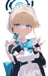  1girl absurdres apron black_dress blonde_hair blue_archive blue_bow blue_eyes bow closed_mouth double_v dress earpiece hair_bun highres kuchisode looking_at_viewer microphone solo toki_(blue_archive) upper_body v white_apron 