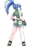  1girl back black_gloves blue_eyes blue_hair from_behind gloves green_jacket high_ponytail highres ikaringo_(ikaringo4444) jacket leona_heidern looking_back midriff military military_uniform ponytail shorts solo the_king_of_fighters the_king_of_fighters_xv 