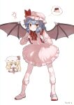  2girls absurdres alternate_hairstyle anger_vein angry animal_print bat_print bat_wings blonde_hair blue_hair blush cindy717 closed_mouth commentary dress drill_hair fang fang_out flandre_scarlet food food_on_face hat hat_ribbon highres long_sleeves mob_cap multiple_girls name_tag open_mouth pants pink_dress pink_hat pink_pants pudding red_eyes red_ribbon remilia_scarlet ribbon shoes siblings side_drill signature sisters sweatdrop touhou white_hat white_shoes wings 