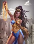  1girl arm_up brown_eyes brown_hair dark-skinned_female dark_skin dc_comics douglas_bicalho dreadlocks earrings gold_armlet gold_earrings highres holding holding_lasso holding_shield hoop_earrings jewelry lasso lasso_of_truth long_hair looking_at_viewer nubia_(dc) shield solo wonder_woman_(series) 