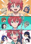  4boys 4girls amate_yuzuriha annoyed aozora_airu aqua_eyes aqua_shirt beard bindi black_hair blonde_hair blue_hair blush brown_hair challia_bull char_aznable closed_eyes closed_mouth colored_inner_hair comoli_harcourt conch_(gundam) couple dark-skinned_female dark_skin double_bun embarrassed facial_hair forehead gloves green_eyes green_hair gundam gundam_gquuuuuux hair_bun happy haro head_only heart hetero holding lalah_sune long_hair long_sleeves looking_at_viewer mole mole_under_eye mole_under_mouth multicolored_hair multiple_boys multiple_girls mustache necktie nyaan_(gundam_gquuuuuux) open_mouth red_hair school_uniform shirt short_hair shuji_ito smile sweatdrop sweater xavier_olivette yellow_eyes zooming_in 