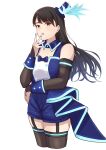  1girl absurdres animification arm_under_breasts asaka_karin asaka_karin_(cosplay) black_thighhighs blue_hat blue_nails blue_shorts blush bridal_gauntlets brown_hair cosplay garter_straps hat highres kubota_miyu long_hair looking_at_viewer love_live! love_live!_nijigasaki_high_school_idol_club mini_hat mini_top_hat mole open_mouth orange_eyes real_life rrtp shirt shorts simple_background solo standing swept_bangs thighhighs tilted_headwear top_hat vivid_world_(love_live!) voice_actor white_background white_shirt 