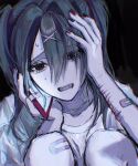 1girl ame-chan_(needy_girl_overdose) bandaid bandaid_on_arm bandaid_on_knee bandaid_on_leg black_eyes black_hair curled_up distress hair_between_eyes hair_ornament hand_on_own_head highres holding holding_phone jacket jacket_partially_removed knees_up multicolored_nails multiple_scars needy_girl_overdose open_mouth pao_(i_loxe_u) phone scar scar_on_arm shirt short_twintails sidelocks solo sweat talking_on_phone twintails white_shirt wrist_cutting x_hair_ornament 