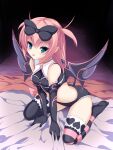  1girl bed black_ribbon blue_eyes breasts elbow_gloves emil_chronicle_online gloves hair_ribbon heart heart-shaped_pupils heart_in_eye highres kirua_(nikohina) lilim_(eco) medium_breasts narrow_waist on_bed pink_hair ribbon sitting striped_clothes striped_thighhighs symbol-shaped_pupils symbol_in_eye thighhighs wariza wings 