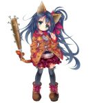  1girl animal_ears balulu_alma baseball_bat black_hair black_thighhighs blue_eyes boots breasts candy emil_chronicle_online food frilled_skirt frills hair_ribbon holding holding_candy holding_food hood hooded_jacket jacket long_hair maou_mikage nail_(hardware) nail_bat red_skirt ribbon skirt standing tail thighhighs white_background 