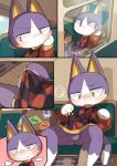 2025 5_panel_comic absurd_res animal_crossing anthro arms_bent balls bent_legs bigoyatsu blue_body blue_ears blue_fur blue_tail blush bodily_fluids bottomless bottomless_anthro bottomless_male bulge butt butt_from_the_front checkered checkered_clothing checkered_sweater checkered_topwear clothed clothed_anthro clothed_male clothing cloud cloud_emanata coffee_cup comic commercial_vehicle container cup day detailed_background digital_media_(artwork) dipstick_tail domestic_cat emanata erection erection_under_clothing eyebrows felid feline felis floor frustration_cloud fur genitals glowing glowing_eyes hand_on_face hi_res inside leg_markings looking_aside looking_at_bulge looking_down_at_self luggage male male_anthro mammal markings motion_lines mouth_closed multicolored_body multicolored_fur narrowed_eyes nervous nervous_sweat nintendo noseless open_mouth pattern_clothing pattern_sweater pattern_topwear pointy_ears prick_ears red_clothing red_eyes red_sweater red_topwear rover_(animal_crossing) shaded sitting sky socks_(marking) solo spread_legs spreading squiggle_mouth sweat sweatdrop sweater tail tail_markings tan_inner_ear tenting thick_thighs topwear topwear_only train turtleneck two_tone_body two_tone_fur two_tone_tail vehicle white_body white_fur white_tail_tip window wood wood_floor