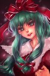  bow dress frills front_ponytail green_eyes green_hair hair_bow hair_ribbon kagiyama_hina lips open_mouth ribbon sheryth solo touhou 