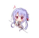  1girl :d blue_hair blush braid chibi chibi_only crown_braid eyes_visible_through_hair hair_between_eyes hair_bun hand_up hashtag-only_commentary highres index_finger_raised long_hair looking_at_viewer notice_lines open_mouth puffy_short_sleeves puffy_sleeves red_eyes sailor_collar school_uniform serafuku shirt short_sleeves sidelocks signature simple_background single_hair_bun smile solo sorakado_ao summer_pockets summer_pockets_school_uniform upper_body utuigawa very_long_hair white_background white_sailor_collar white_shirt 