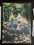  2girls art_tools_in_frame bag blue_pants brown_eyes brown_shorts closed_eyes collared_shirt commentary_request dappled_sunlight day denim facing_viewer full_body highres jeans long_hair long_sleeves looking_at_another marker_(medium) medium_hair multiple_girls original outdoors pants parted_bangs road shiratama_(hockey) shirt shoes short_sleeves shorts sneakers striped_clothes striped_shirt striped_shorts sunlight t-shirt tote_bag traditional_media tree walking white_shirt white_shoes 