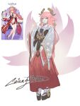  1girl absurdres alternate_costume animal_ears artist_name black_shoes cairng0rm earrings english_commentary fingernails floral_print flower_ornament fox_ears fox_shadow_puppet fox_tail full_body gem genshin_impact gold_earrings hair_between_eyes hand_up headpiece highres japanese_clothes jewelry kimono long_hair long_sleeves looking_at_viewer multiple_tails nail_polish obi pink_hair pink_nails purple_eyes purple_gemstone red_skirt sash shoes simple_background skirt smile socks solo standing tail tassel teeth white_background white_kimono white_socks wide_sleeves yae_miko 