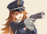  1girl absurdres blue_sleeves breasts brown_hair character_request cleavage collared_shirt commentary ddal gloves gun hair_between_eyes handgun hat highres holding holding_gun holding_weapon long_sleeves m1911 peaked_cap police police_hat police_uniform red_eyes shirt simple_background solo symbol-only_commentary weapon white_gloves 