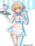  1girl alternate_costume apron ayamal_(mainichi_ryokucha) blonde_hair blue_bow blue_bowtie blue_nails blue_skirt blue_wrist_cuffs blush bow bowtie breasts cleavage closed_mouth commentary_request drop_shadow enmaided fingernails flower frilled_apron frilled_hairband frills genshin_impact hair_flower hair_ornament hairband hands_up highres holding holding_tray looking_at_viewer lumine_(genshin_impact) maid maid_headdress medium_breasts nail_polish navel no_panties short_hair_with_long_locks simple_background skirt smile solo thighhighs tray waist_apron white_apron white_background white_flower white_hairband white_thighhighs wrist_cuffs yellow_eyes 
