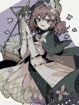  1girl :d basket black_cape black_hat blue_eyes brown_hair cape coat cowboy_shot dress envelope film_grain flower flutterpage hair_flower hair_ornament hands_up hat highres holding holding_envelope juliet_sleeves long_sleeves looking_at_viewer low_twintails newspaper official_alternate_costume open_mouth puffy_sleeves purple_background reverse:1999 short_hair simple_bird smile solo twintails white_coat white_dress white_flower yuzu_(parasitic_910) 