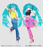  1girl aqua_eyes aqua_hair black_shirt blue_pants blush closed_mouth full_body hand_up hatsune_miku headphones leg_up long_hair looking_at_viewer mamyouda multiple_views one_eye_closed open_mouth oshare_majo_love_and_berry pants purple_pants sample_watermark shirt simple_background t-shirt twintails very_long_hair vocaloid watermark 