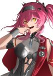 1girl absurdres armor bell_(only-id_228) black_bow bow breastplate breasts commentary_request finger_in_own_mouth hair_bow hair_ornament hairband headgear highres large_breasts long_hair looking_at_viewer lupa_(wuthering_waves) metal_hairband open_mouth pink_hair red_pupils red_sash sash simple_background smile solo upper_body white_background wrist_guards wuthering_waves yellow_eyes 