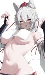  1girl absurdres animal_ear_fluff animal_ear_piercing animal_ears armpit_crease bare_shoulders black_bridal_gauntlets blush breast_curtain breasts bridal_gauntlets claw_pose commentary_request commission crop_top crossed_bangs detached_sleeves fang hair_between_eyes hands_up hat highres inubashiri_momiji korean_commentary large_breasts looking_at_viewer minox2n mouth_veil navel open_mouth red_eyes ribbon-trimmed_sleeves ribbon_trim see-through_clothes see-through_veil short_hair simple_background skin_fang smile solo standing stomach tail teeth touhou underboob upper_teeth_only veil white_background white_hair white_tail wide_sleeves wolf_ears wolf_girl wolf_tail 