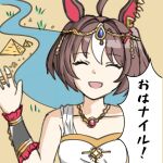  1girl ahoge alternate_costume animal_ears breasts brown_hair closed_eyes collarbone commentary_request dabai0706 desert english_text gran_alegria_(umamusume) hair_between_eyes hair_ornament highres horse_ears jewelry looking_at_viewer medium_breasts medium_hair necklace open_mouth portrait pyramid_(structure) ribbon river simple_background translation_request umamusume waving white_background x_hair_ornament 