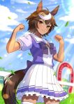  1girl ahoge animal_ears blue_bow bow brown_hair clenched_hands erenshu falling_leaves highres horse_ears horse_girl horse_tail leaf multicolored_hair pleated_skirt purple_shirt sailor_collar school_uniform second-party_source shirt short_hair skirt smile solo star_(symbol) star_in_eye streaked_hair symbol_in_eye tail thighhighs tomoe_umari tracen_school_uniform two-tone_shirt umamusume white_hair white_sailor_collar white_shirt white_skirt white_thighhighs yellow_eyes zettai_ryouiki 