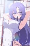  1girl absurdres armpits arms_behind_head black_ribbon blue_archive china_dress chinese_clothes double_bun dress fortysansan hair_between_eyes hair_bun highres long_hair looking_at_viewer mouth_hold purple_eyes purple_hair ribbon ribbon_in_mouth sidelocks sleeveless sleeveless_dress solo tying_hair white_dress yuuka_(blue_archive) 