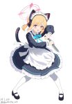  1girl 2024 animal_ear_headphones animal_ears apron aqua_bow aqua_bowtie artist_name back_bow black_dress black_shoes black_tail blonde_hair blue_archive blush bow bowtie cat_ear_headphones cat_ears cat_tail chinese_commentary collared_dress commentary_request contrast_collar dated death_momoi_(meme) dot_nose dress dual_wielding fake_animal_ears fake_tail fighting_stance frilled_apron frilled_dress frills full_body hair_ribbon headphones highres holding holding_knife jpeg_artifacts knife legs_apart long_sleeves looking_at_viewer maid maid_apron maid_headdress mary_janes meme momoi_(blue_archive) momoi_(maid)_(blue_archive) official_alternate_costume official_alternate_hairstyle open_mouth pantyhose parted_bangs pink_eyes puffy_long_sleeves puffy_sleeves red_ribbon reverse_grip ribbon shoes short_hair short_twintails shouta0722 sidelocks simple_background smile solo standing tail tail_raised twintails v-shaped_eyebrows white_apron white_background white_bow white_headdress white_pantyhose 
