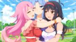  3girls ahoge bench black_hair blue_eyes blue_hair curtained_hair detached_sleeves game_cg hairband hand_on_another&#039;s_head hug jewelry lilim_(sakura_cupid) mitsuki_(sakura_cupid) multiple_girls necklace official_art park park_bench pink_eyes pink_hair red_hairband sakura_cupid serra_(sakura_cupid) smile wanaca yellow_eyes 