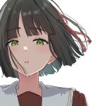  1girl black_hair blunt_bangs blunt_ends brown_dress dress green_eyes hair_ribbon hasu_no_sora_school_uniform highres link!_like!_love_live! looking_at_viewer love_live! medium_hair momose_ginko parted_lips portrait potu_sabu red_ribbon ribbon sailor_collar school_uniform solo white_background white_sailor_collar 