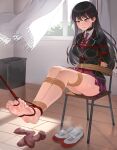  1girl absurdres arms_behind_back bang_dream! bang_dream!_it&#039;s_mygo!!!!! bare_legs barefoot bdsm black_hair blazer bondage bound bound_arms bound_legs bound_toes breast_bondage chair chinese_commentary chuck_(harfmoondark) clenched_teeth commentary_request feet haneoka_school_uniform highres indoors jacket long_hair mole mole_under_eye mygo!!!!!_(bang_dream!) necktie on_chair pleated_skirt purple_eyes purple_skirt purple_socks restrained revision rope school_chair school_uniform shibari shibari_over_clothes shiina_taki shoes skirt socks soles striped_necktie sweat tape teeth tied_to_chair toes unworn_shoes unworn_socks uwabaki variant_set window 