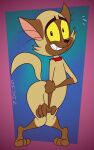 2024 anthro artist_name bent_over black_eyes black_nose brown_body brown_ears brown_fur brown_tail bunnicula_(series) butt chester_(bunnicula) collar curvy_figure digital_media_(artwork) domestic_cat felid feline felis front_view fur gavanzude half-closed_eyes hand_on_arm hand_on_own_arm hi_res knock-kneed looking_at_viewer male mammal multicolored_body multicolored_fur narrowed_eyes plantigrade raised_heel red_collar shy smile solo standing_on_toes tail teeth text tiptoes two_tone_body two_tone_fur wide_hips yellow_sclera