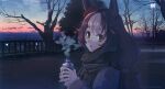  1girl animal_ears bare_tree bottle brown_hair cloud coat commentary_request dated ear_scrunchie hands_up holding holding_bottle horse_ears horse_girl lamppost long_hair long_sleeves looking_at_viewer looking_to_the_side low_twintails multicolored_hair open_mouth outdoors railing scarf solo steam sunset takuzui tree twintails twitter_username two-tone_hair umamusume upper_body yamanin_zephyr_(umamusume) yellow_eyes 
