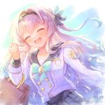  1girl bag black_hairband blue_ribbon blue_skirt blush bow bowtie buttons closed_mouth double-breasted firefly_(honkai:_star_rail) firefly_(spring_missive)_(honkai:_star_rail) gradient_hair green_bow green_bowtie grey_hair grey_sailor_collar hair_between_eyes hair_intakes hair_ornament hair_ribbon hairband highres holding holding_bag honkai:_star_rail honkai_(series) kokoyu_(kokoyu66) long_hair long_sleeves multicolored_hair open_mouth paper_bag pleated_skirt ribbon sailor_collar skirt smile solo teeth upper_teeth_only white_sleeves 