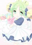  1girl animal_hat anzu_yoshihiro apron bell cat_hat cat_tail dejiko di_gi_charat dot_nose dress green_eyes green_hair hair_bell hair_ornament hat highres open_mouth puffy_short_sleeves puffy_sleeves short_hair short_sleeves solo striped_background tail white_apron 