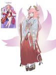  1girl absurdres alternate_costume animal_ears belt black_shoes cairng0rm earrings english_commentary fingernails floral_print flower_ornament fox_ears fox_shadow_puppet fox_tail full_body gem genshin_impact gold_earrings hair_between_eyes hand_up headpiece highres japanese_clothes jewelry kimono long_hair long_sleeves looking_at_viewer multiple_tails nail_polish pink_hair pink_nails purple_eyes purple_gemstone red_belt red_skirt shoes simple_background skirt smile socks solo standing tail tassel teeth white_background white_kimono white_socks wide_sleeves yae_miko 