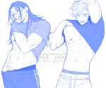  2boys abs blue_theme clothes_lift commentary_request covering_own_mouth cowboy_shot eyelashes getou_suguru gojou_satoru guilty_challenge_(meme) hair_pulled_back hand_on_own_head hand_over_own_mouth hand_under_clothes hand_under_shirt highres jujutsu_kaisen kazu_(asagi) looking_at_viewer male_focus male_pubic_hair male_underwear male_underwear_peek meme multiple_boys muscular muscular_male navel nipple_piercing nipples open_mouth pants pectorals piercing plug_(piercing) pubic_hair shirt shirt_lift short_hair simple_background smile sweatpants teeth underwear veins veiny_arms white_background 