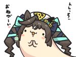  :d animal_ears beret blue_ribbon blush_stickers brown_hair goma_(gomasamune) hair_ribbon hat highres horse_ears long_hair own_hands_together ribbon simple_background smile solid_circle_eyes solo translation_request twintails umamusume very_long_hair vivlos_(umamusume) white_background white_hat 