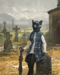 2019 5_fingers anthro artist_name bottomwear cemetery civetstranj clothed clothing cloud cloudy_sky cross detailed_background domestic_cat felid feline felis fingers fully_clothed holding_object hood hood_up male mammal neck_tuft pants sky solo text tombstone tuft umbrella whiskers yellow_eyes