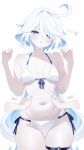  ...? 1girl absurdres ahoge bare_shoulders belly_rub bikini blue_eyes blue_hair blue_pupils blush breasts breasts_apart chestnut_mouth collarbone commentary_request disembodied_hand drop-shaped_pupils fuminshou_(nekopan_art) furina_(genshin_impact) genshin_impact hair_between_eyes hands_up heterochromia highres looking_at_viewer medium_breasts medium_hair multicolored_hair navel side-tie_bikini_bottom simple_background solo_focus stomach streaked_hair swimsuit symbol-shaped_pupils thigh_strap white_background white_bikini white_hair 