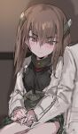  1boy 1girl admiral_(kancolle) aogisa blush brown_eyes brown_hair closed_mouth commentary_request hair_between_eyes headband headgear hetero highres holding_hands jacket kantai_collection long_sleeves sitting sketch solo_focus taihou_(kancolle) white_jacket 