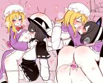  2girls absurdres arms_around_waist ass black_hair black_hat black_skirt blonde_hair blush breast_sucking breasts brown_eyes closed_eyes dildo double_dildo dress french_kiss frilled_dress frills hat hat_ribbon heart highres kiss long_hair long_sleeves maribel_hearn medium_breasts mob_cap multiple_girls nipples open_clothes open_mouth purple_dress purple_eyes pussy_juice ribbon saliva sex_toy shared_object_insertion shen_bi_ren_(user_rjgy2824) shirt short_hair sidelocks skirt sweat thigh_strap touhou usami_renko variant_set vibrator white_hat white_ribbon white_shirt yuri 