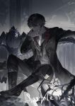  1boy amon_(lord_of_the_mysteries) black_boots black_coat black_eyes black_hair black_pants boots candle candlestand coat full_body gaural grey_background greyscale hand_on_own_face lord_of_the_mysteries male_focus monochrome monocle pants solo third-party_source 